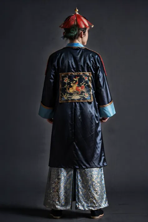 handsome male,look at viewer,full body, chinese mandarin court necklace beads,auspicious cloud pattern embroidery pants,chinese qing dynasty official first grade military officials uniform,a large peacock feather be attached to the back of the hat,<lora:qingchaoguanfu:0.6>