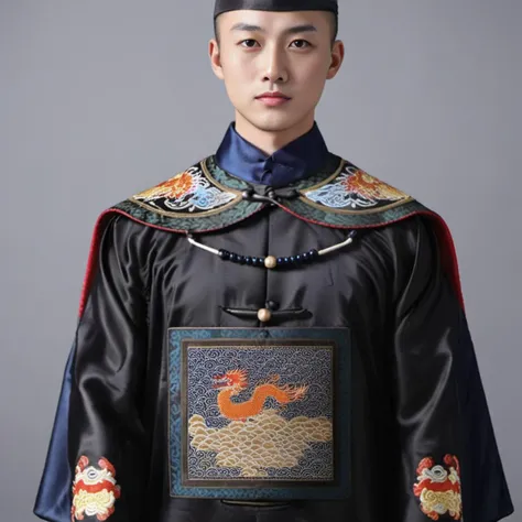 handsome male,look at viewer, chinese mandarin court necklace beads,auspicious cloud pattern embroidery pants,chinese qing dynasty official first grade military officials uniform, <lora:qingchaoguanfu-sdxl:0.6>