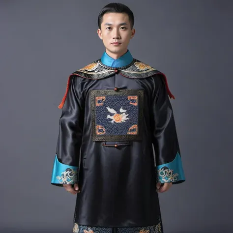 handsome male,look at viewer, chinese mandarin court necklace beads,auspicious cloud pattern embroidery pants,chinese qing dynasty official first grade military officials uniform, <lora:qingchaoguanfu-sdxl:0.6>