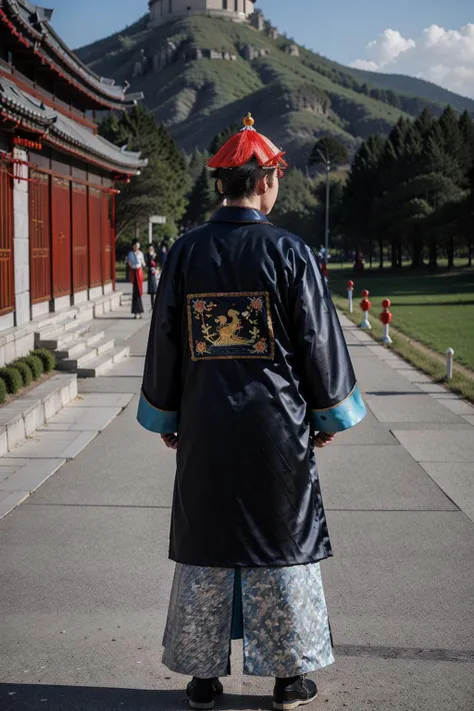 handsome male,look at viewer,full body, chinese mandarin court necklace beads,auspicious cloud pattern embroidery pants,chinese qing dynasty official first grade military officials uniform,a large peacock feather be attached to the back of the hat,<lora:qingchaoguanfu:0.6>