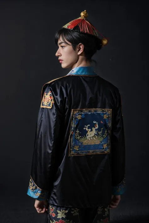 handsome male,look at viewer, chinese mandarin court necklace beads,auspicious cloud pattern embroidery pants,chinese qing dynasty official first grade military officials uniform,a large peacock feather be attached to the back of the hat,<lora:qingchaoguanfu:0.6>