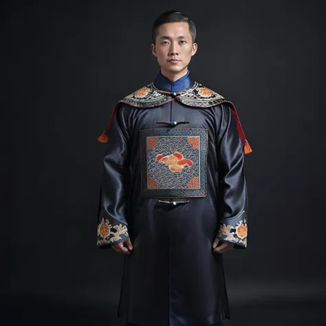 handsome male,look at viewer,full body, chinese mandarin court necklace beads,auspicious cloud pattern embroidery pants,chinese qing dynasty official first grade military officials uniform, <lora:qingchaoguanfu-sdxl:0.6>