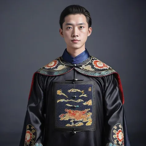 handsome male,look at viewer,full body, chinese mandarin court necklace beads,auspicious cloud pattern embroidery pants,chinese qing dynasty official first grade military officials uniform, <lora:qingchaoguanfu-sdxl:0.6>