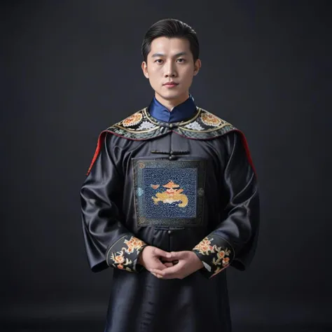 handsome male,look at viewer,full body, chinese mandarin court necklace beads,auspicious cloud pattern embroidery pants,chinese qing dynasty official first grade military officials uniform, <lora:qingchaoguanfu-sdxl:0.6>
