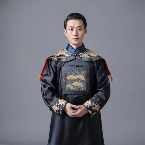 handsome male,look at viewer,full body, chinese mandarin court necklace beads,auspicious cloud pattern embroidery pants,chinese qing dynasty official first grade military officials uniform, <lora:qingchaoguanfu-sdxl:0.6>