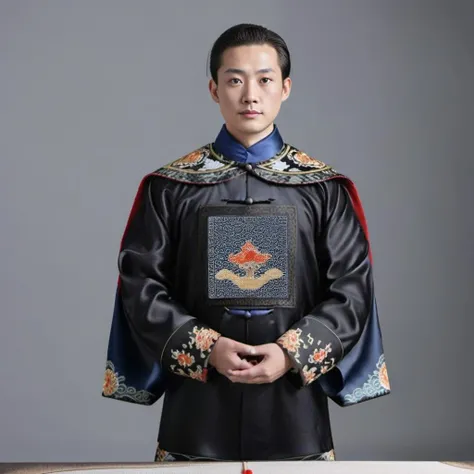 handsome male,look at viewer,full body, chinese mandarin court necklace beads,auspicious cloud pattern embroidery pants,chinese qing dynasty official first grade military officials uniform, <lora:qingchaoguanfu-sdxl:0.6>