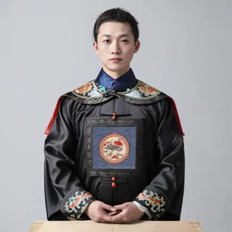 handsome male,look at viewer, chinese mandarin court necklace beads,auspicious cloud pattern embroidery pants,chinese qing dynasty official first grade military officials uniform, <lora:qingchaoguanfu-sdxl:0.6>