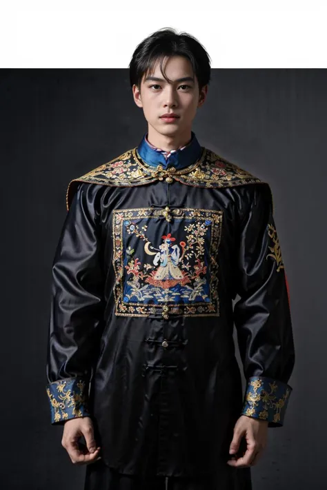 handsome male,look at viewer, chinese mandarin court necklace beads,auspicious cloud pattern embroidery pants,chinese qing dynasty official first grade military officials uniform,<lora:qingchaoguanfu:0.6>