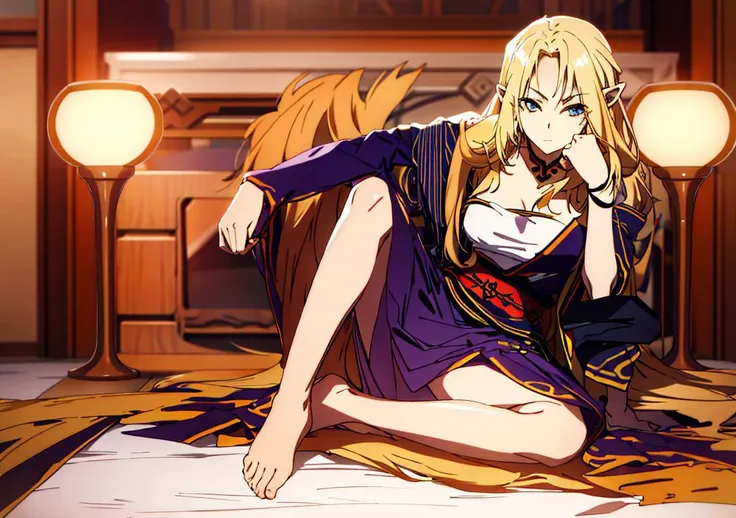 1girl, blonde hair, pointy ears, elf, sullen, closed mouth, looking at viewer, kimono, backlighting,