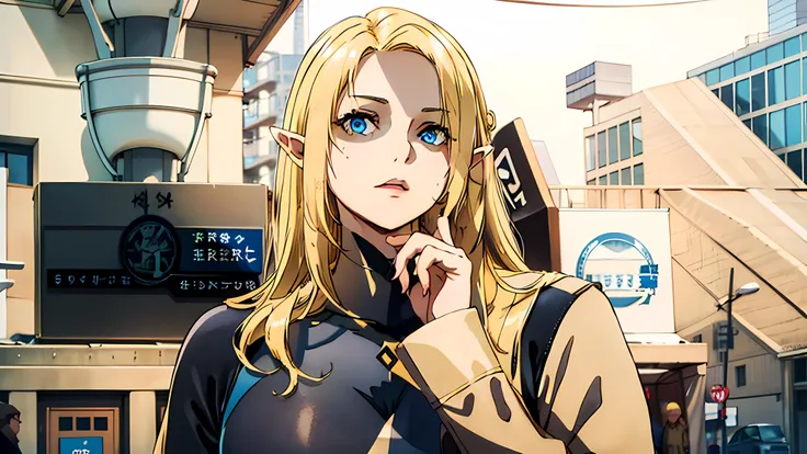 1girl, blonde_hair, blue_eyes, building, elf, long_hair, looking_at_viewer, mole, mole_under_mouth, pointy_ears, solo_focus, upper_body