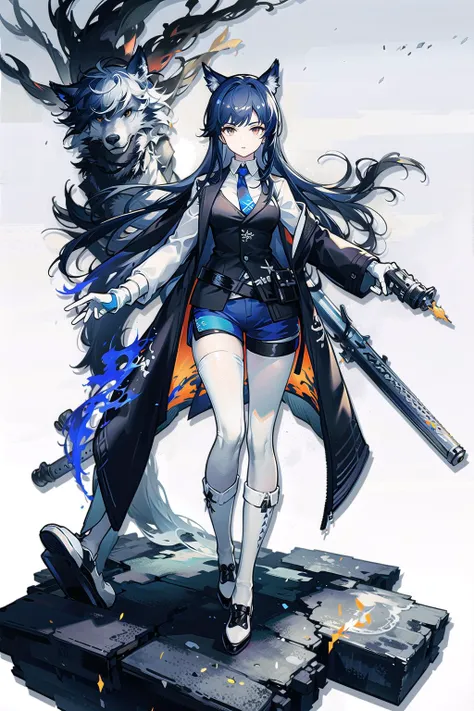 <lora:AKTexasV1-000008:0.8>,aktx, 1girl, texas (arknights), solo, pantyhose under shorts, animal ears, long hair, (black vest), pantyhose, shorts, black hair, full body, (black shirt:1.5), boots, blue gloves, black pantyhose, shirt, necktie, (white footwear:1.5), wolf ears, gloves, blue necktie, looking at viewer, long white sleeves, vest, coat, blue shorts, collared shirt, fingerless gloves, standing, jacket, bangs, black coat, brown eyes, breasts, legwear under shorts, black jacket, scenery, background, clear face,