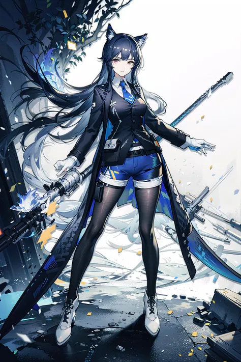 <lora:AKTexasV1-000008:0.8>,aktx, 1girl, texas (arknights), solo, pantyhose under shorts, animal ears, long hair, (black vest), pantyhose, shorts, black hair, full body, (black shirt:1.5), boots, blue gloves, black pantyhose, shirt, necktie, (white footwear:1.5), wolf ears, gloves, blue necktie, looking at viewer, long white sleeves, vest, coat, blue shorts, collared shirt, fingerless gloves, standing, jacket, bangs, black coat, brown eyes, breasts, legwear under shorts, black jacket, scenery, background, clear face,