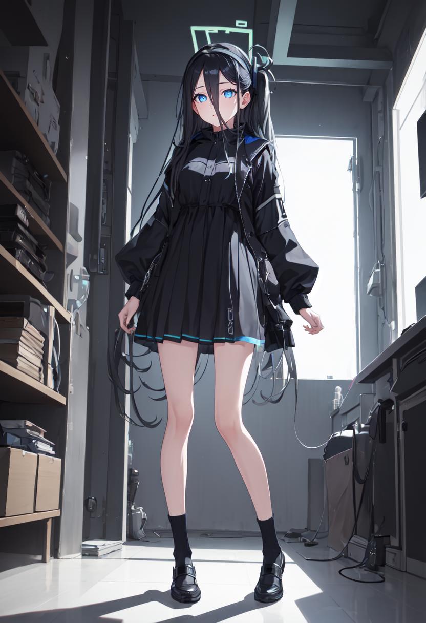 Anime girl in black dress and headphones standing in a room - SeaArt AI