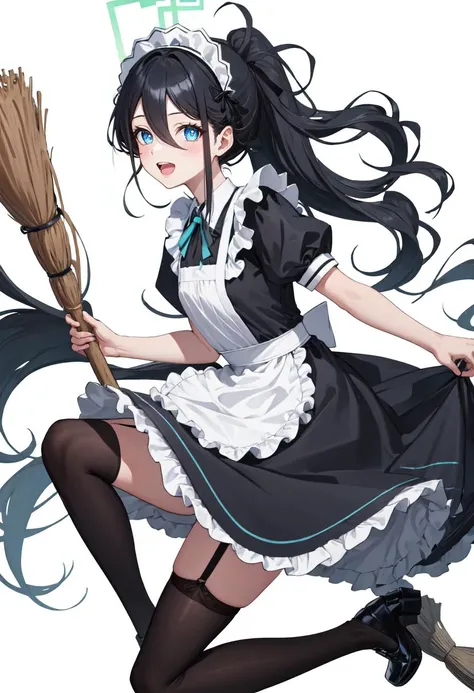 best quality, masterpiece, highres, solo, (arisu_bluearchive:1.10), 1girl, absurdly long hair, black dress, blush, frilled apron, looking at viewer, maid apron, maid headdress, official alternate costume, ponytail, puffy short sleeves, white apron, borrowed clothes, open mouth, upper teeth only, white thighhighs, black footwear, holding mop, shoes, simple background, white background, :d, broom, garter straps, ribbon, water, 11 <lora:arisu_bluearchive:0.80>