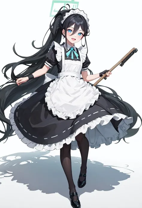 best quality, masterpiece, highres, solo, (arisu_bluearchive:1.10), 1girl, black dress, frilled apron, maid apron, maid headdress, official alternate costume, ponytail, puffy short sleeves, white apron, black footwear, looking at viewer, shoes, simple background, white background, white pantyhose, borrowed clothes, full body, smile, absurdly long hair, blush, holding, open mouth, black wristband, closed mouth, mop, 10 <lora:arisu_bluearchive:0.80>