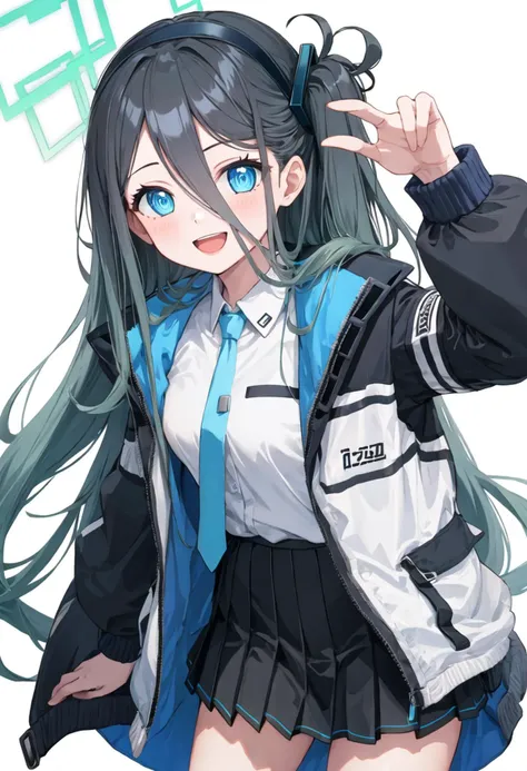 best quality, masterpiece, highres, solo, {arisu_bluearchive:0.90}, 1girl, black_skirt, blue_necktie, collared_shirt, jacket, long_sleeves, looking_at_viewer, pleated_skirt, simple_background, white_background, white_shirt, open_mouth, school_uniform, open_clothes, :d