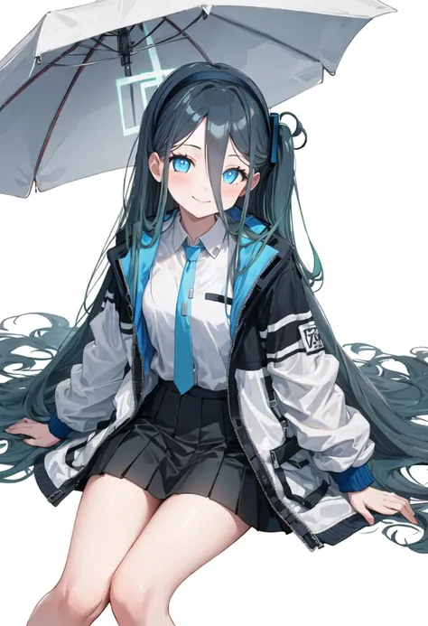 best quality, masterpiece, highres, solo, {arisu_bluearchive:0.90}, 1girl, black_skirt, blue_necktie, closed_mouth, collared_shirt, long_sleeves, looking_at_viewer, open_jacket, smile, white_jacket, white_shirt, pleated_skirt, white_background, simple_background, sitting, multicolored_jacket, blue_hair, feet_out_of_frame, blush, tie_clip