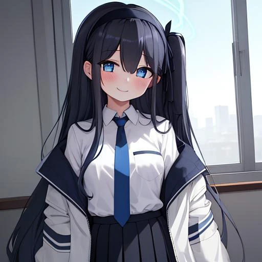 <lora:arisu_bluearchive:0.7>,
masterpiece, best quality, highres,
solo, 1girl,
long_hair, very_long_hair, hair_between_eyes, one_side_up,
dark_blue_hair,black_hair, blue_hair,
halo, blue_eyes,
bangs, blush,
hairband, black_hairband,
necktie,
black_skirt, blue_necktie,
collared_shirt,white_shirt,shirt,
jacket, white_jacket,
open_clothes, open_jacket,
long_sleeves, school_uniform,
skirt, pleated_skirt,
smile,looking_at_viewer,