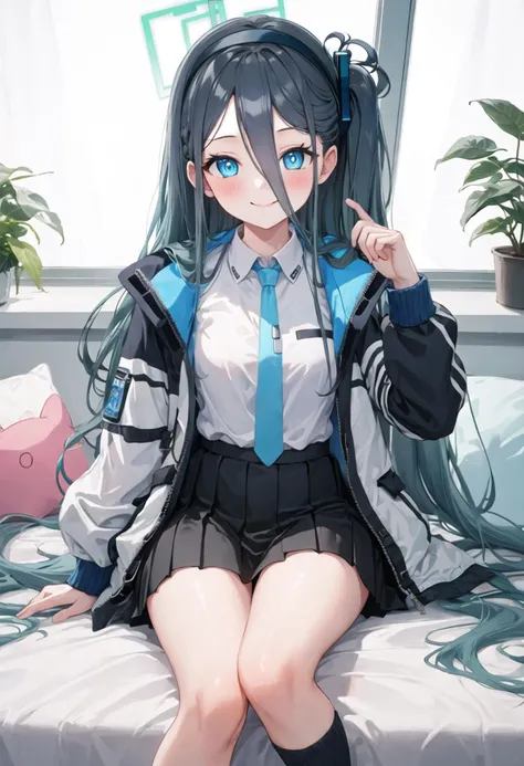 best quality, masterpiece, highres, solo, {arisu_bluearchive:0.90}, 1girl, black_skirt, blue_necktie, closed_mouth, collared_shirt, long_sleeves, looking_at_viewer, open_jacket, pleated_skirt, smile, white_shirt, blush, school_uniform, sitting, white_jacket, dark_blue_hair