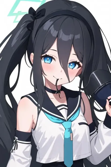 best quality, masterpiece, highres, 1girl, solo, {arisu_bluearchive:1.15}, long_hair, black_hair, blue_eyes, halo, hair_between_eyes, smile, blush, bangs, very_long_hair, hairband, one_side_up, black_hairband, necktie, blue_necktie, open_mouth, looking_at_viewer, detached_sleeves, side_ponytail, choker, simple_background, white_background, bow, hair_bow, sailor_collar, shirt, idol, skirt