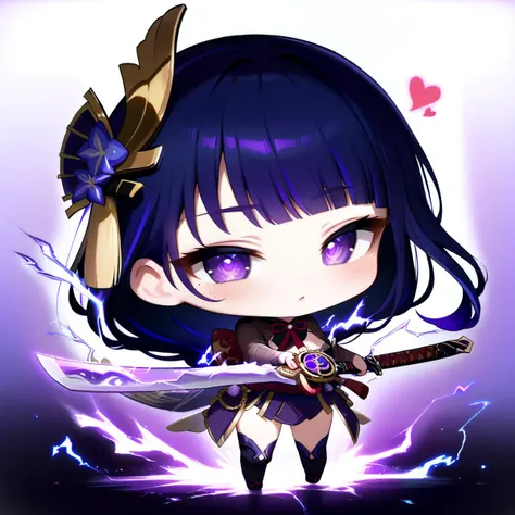 masterpiece,great,best,1girl,chibi,raiden shogun,holding sword,heart,star \(symbol\),gradient background,purple background,electricity,white background,