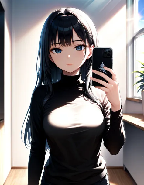 masterpiece,(best,great:0.5),1girl,solo,selfie,holding phone,camera flash,mirror,medium breasts,black hair,long hair,sunlight,window,light rays,turtleneck sweater,