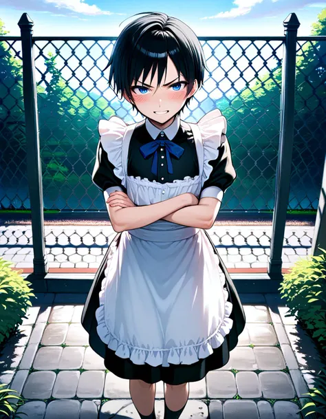 (masterpiece:1),great,best,1boy,femboy,male focus,solo,smile,maid,outdoors,blue eyes,blush,smile,short hair,black hair,sky,stone floor,fence,nature,standing,crossed arms, angry