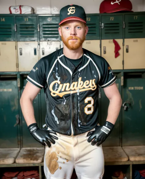 <lora:detail_slider_v4:0.8><lora:Clothing - Sexy Baseball Player:0.5> <lora:cumrag:1.0> <lora:muscle_slider_v1:0> <lora:weight_slider_v2:0.0> <lora:hair_length_slider_v1:0.0> <lora:cum_on_cloth:0.0:lbw=ALL>
(cumrag clothes:1.2) (cum on cloth:1.1),
standing ginger man, slight smile, baseballplayer, (black baseball uniform:1.2), (yellowish:0.7) (whitish:0.5) (dry stains:1.3) on pants, (goo cum on cotton pants:1.2), (old:0.5) stinky gross sticky nasty disgusting (dirty:0.6) repulsive pants, (open jersey:1.2), wearing baseball cap, (((wearing glove))), (on a locker room background:1.2), masterpiece, (((full body portrait))), ((full body)), wide angle, (looking at viewer), long shot, highly detailed, (high skin detail), (high face detail),
natural lighting, 4k uhd, dslr, soft lighting, high quality, Fujifilm XT3,