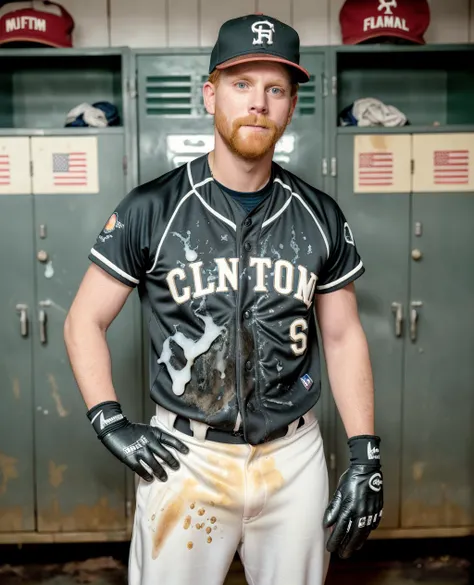 <lora:Clothing - Sexy Baseball Player:0.5> <lora:cumrag:1.0> <lora:muscle_slider_v1:0> <lora:weight_slider_v2:0.0> <lora:hair_length_slider_v1:0.0> <lora:cum_on_cloth:0.2:lbw=ALL>
(cumrag clothes:1.2) (cum on cloth:1.1),
standing ginger man, slight smile, baseballplayer, (black baseball uniform:1.2), (yellowish:0.7) (whitish:0.5) (dry stains:1.3) on pants, (goo cum on cotton pants:1.2), (old:0.5) stinky gross sticky nasty disgusting (dirty:0.6) repulsive pants, (open jersey:1.2), wearing baseball cap, (((wearing glove))), (on a locker room background:1.2), masterpiece, (((full body portrait))), ((full body)), wide angle, (looking at viewer), long shot, highly detailed, (high skin detail), (high face detail),
natural lighting, 4k uhd, dslr, soft lighting, high quality, Fujifilm XT3,