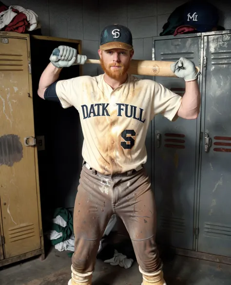 <lora:detail_slider_v4:0.8><lora:Clothing - Sexy Baseball Player:0.75> <lora:cumrag:1.0> <lora:muscle_slider_v1:0> <lora:weight_slider_v2:0.0> <lora:hair_length_slider_v1:0.0> <lora:cum_on_cloth:0.15:lbw=ALL>
(cumrag clothes:1.2) (cum on cloth:1.1),
standing ginger man, slight smile, baseballplayer holding a (bat:1.25), (dark black baseball uniform, shirt:1.3), (yellowish:0.7) (whitish:0.5) (dry stains:1.3) on pants, (goo cum on cotton pants:1.2), (old:0.5) stinky gross sticky nasty disgusting (dirty:0.6) repulsive pants, wearing baseball cap, (((wearing glove))), (on a locker room background:1.2), masterpiece, (((full body portrait))), ((full body)), wide angle, (looking at viewer), long shot, highly detailed, (high skin detail), (high face detail),
natural lighting, 4k uhd, dslr, soft lighting, high quality, Fujifilm XT3,