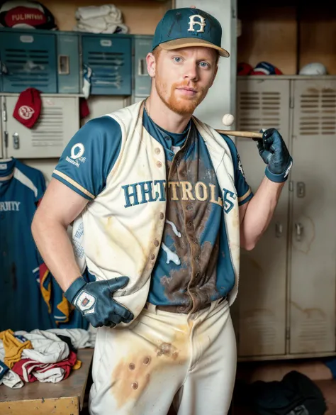 <lora:detail_slider_v4:0.8><lora:Clothing - Sexy Baseball Player:0.7> <lora:cumrag:1.0> <lora:muscle_slider_v1:0> <lora:weight_slider_v2:0.0> <lora:hair_length_slider_v1:0.0> <lora:cum_on_cloth:0.25:lbw=ALL>
(cumrag clothes:1.2) (cum on cloth:1.1),
standing ginger man, slight smile, baseballplayer, (black baseball uniform:1.2), (yellowish:0.7) (whitish:0.5) (dry stains:1.3) on pants, (goo cum on cotton pants:1.2), (old:0.5) stinky gross sticky nasty disgusting (dirty:0.6) repulsive pants, (open jersey:1.2), wearing baseball cap, (((wearing glove))), (on a locker room background:1.2), masterpiece, (((full body portrait))), ((full body)), wide angle, (looking at viewer), long shot, highly detailed, (high skin detail), (high face detail),
natural lighting, 4k uhd, dslr, soft lighting, high quality, Fujifilm XT3,