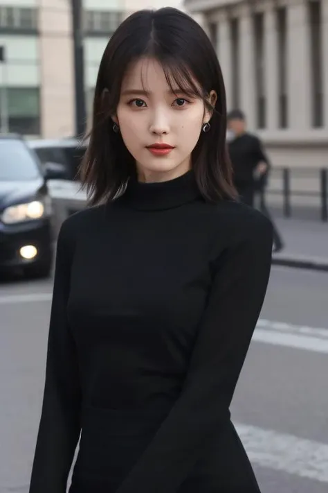best quality, masterpiece, ultra high res, (photorealistic:1.4), iu1 a woman, light eye makeup, looking at the viewer, upper body photo, black longsleeves, at the streets, <lora:httpiu:1:lbw=FACES>