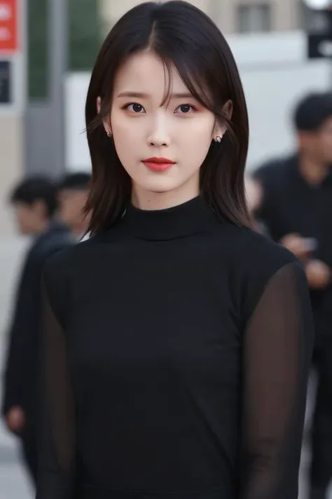best quality, masterpiece, ultra high res, (photorealistic:1.4), iu1 a woman, light eye makeup, looking at the viewer, upper body photo, black longsleeves, at the streets, <lora:httpiu:1:lbw=FACES>