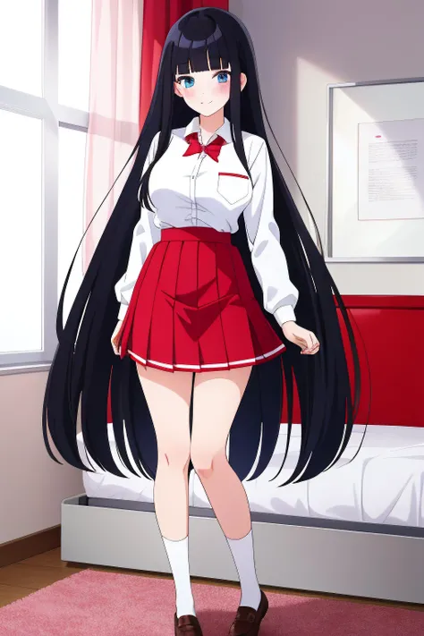 full body, standing, school uniform, white shirt, red skirt, white socks, bedroom, black hair, long hair, blush, bangs, blue eyes, blunt bangs, large breast,