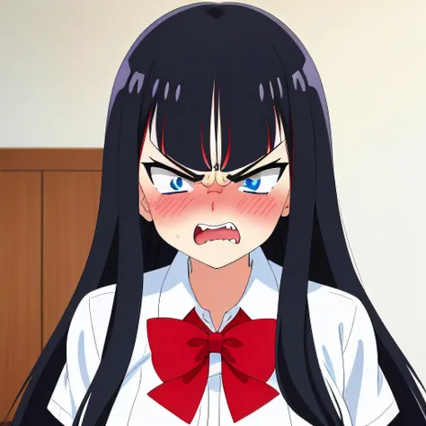 face, happy, school uniform, white shirt, red bow, (angry:1.5), bedroom, black hair, long hair, blush, bangs, blue eyes, blunt bangs, large breast,
