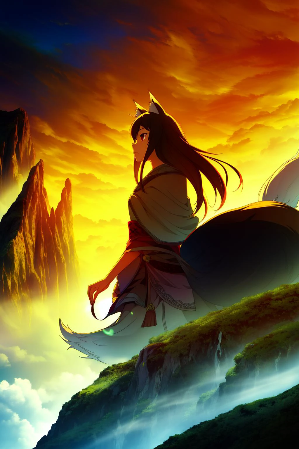 1girl, wolf ears, 2 ears, perfect hands, wolf tail, masterpiece, best quality, highres, scenery, intricate, highly detailed, hard lighting, <lora:last-000030:0.75>