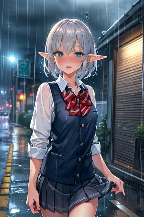 (best quality:1.2) (4k:1.) (very high resolution:1.1) , (realistic photograph:1.1) , (ultra detailed CG:1.1) ,
1girl elf , solo , (detailed face:1) , (small breasts:1) , (silver short hair:1.1) ,
<lora:sukebra(bsb&fsb)-000003:1> (fsb:1) , (frosuke:1) ,
wet clothes , wet , see through , bra , school uniform , shirt , pleated skirt , bowtie , blush embarrassed , running towards viewer , impatient ,
outdoors , rain , cinematic lighting