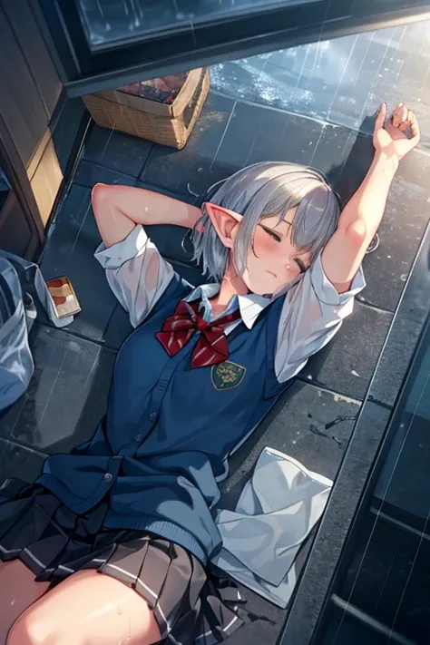 (best quality:1.2) (4k:1.) (very high resolution:1.1) , (realistic photograph:1.1) , (ultra detailed CG:1.1) ,
1girl elf , solo , (detailed face:1) , (small breasts:1) , (silver short hair:1.1) ,
<lora:sukebra(bsb&fsb)-000003:1> (fsb:1) , (frosuke:1) ,
wet clothes , wet , see through , bra , school uniform , shirt , pleated skirt , sleeping eyes, eyes closed, bowtie , blush embarrassed , running towards viewer , impatient ,
outdoors , rain , cinematic lighting