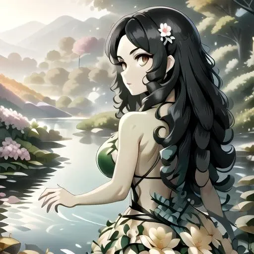 (masterpiece:1.4), high quality, high definition, sharp focus, detailed clothes, detailed body, detailed face, anime, best quality, 4k, 8k, absurd resolution, intricate detail, detailed hands, detailed eyes, animation, illustration, highly detailed, highres, extremely detailed, <lora:ETO_OCC002:0.7> ETO_OCC, black hair, (curly hair:1.5), long hair, thick eyebrows, <lora:hyperdenoiser_v090:0.6>, (looking at viewer:1.3), (plump), (hazel eyes:1.3), (parted bangs:1.4), <lora:ETO_OC:0.2> ETO-OC, <lora:perfetfingers:1>, 1girl, <lora:hyperrefiner_v090:0.6>, <lora:dryad-1.0:0.8> dryad dryad, (plant girl), flower, plant, hair ornament, hair flower, vines, leaf, lotus, lily pad, lagoon, from behind, similing, (outdoors:1.4), (forest), <lora:flower_dress-1.0:1> flower dress,