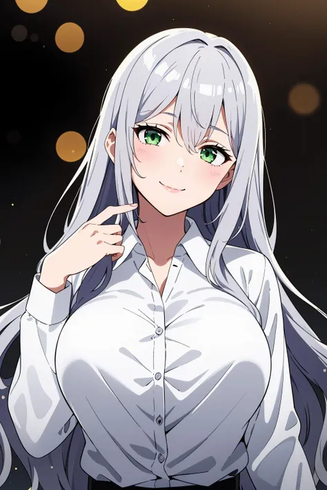 (masterpiece), best quality, expressive eyes, perfect face, solo, 1girl, 
long hair, wavy hair, silver hair, green eyes, large breasts, bursting breasts, white shirt, collared shirt, head tilt, seductive smile, hand up, long sleeves, 
bokeh, night, simple background,