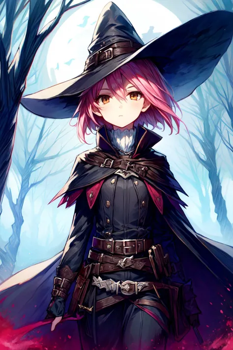 <lora:WitchHunter:1> WitchHunter, belt, cape, hat, dark forest, moonlight, best quality, masterpiece, <lora:more_details:0.7>, 1girl, solo, pink hair, short hair, brown eyes