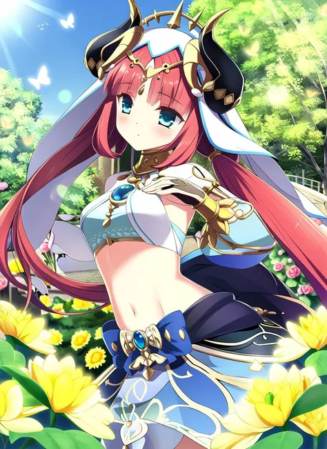 1girl,
beautiful, elegant,
<lora:nilouGenshinImpact_v10:1.1:MIDD> nilou (neither flower nor mist) (genshin impact), aqua eyes, fake horns, red hair, long hair, crop top, jewelry, horns, veil, bracer, brooch, long sleeves, puffy long sleeves, skirt, bangs, twintails, puffy sleeves, neck ring, gold trim, parted bangs, circlet, blue skirt, hair ornament, detached sleeves, low twintails, floating hair, gem, blue gemstone, dancer, white headwear, midriff, very long hair,
around the garden, flowers, butterflies, sunlight, sunflowers, lilies, roses, nature, petals, lens flare,
<lora:gayaro-style_v1.0:1>