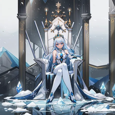 (high quality, masterpiece:1.3), natural lighting, dynamic lighting, ice princess sitting on ice throne, throne made out of ice, icy, snowy, cold atmosphere, extremely detailed, menacing, dark,