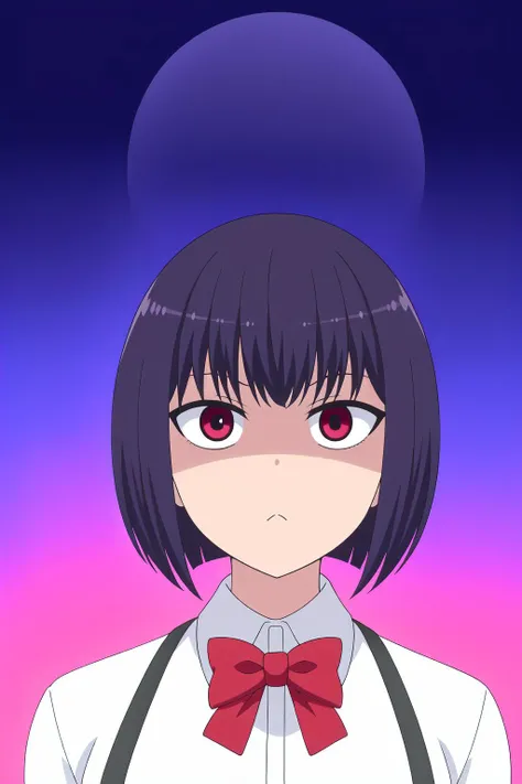 ((best quality)),((highly detailed)),masterpiece,absurdres,detailed face,beautiful face,(detailed eyes, deep eyes),(1girl),((dynamic pose)), <lora:hana:0.7>Hana, 1girl, solo, short hair, bow, looking at viewer, gradient background, gradient, red bow, shirt, purple eyes, bowtie, purple hair, black hair, white shirt, bangs, portrait, red eyes, school uniform, closed mouth, red bowtie, upper body, shaded face, blue background, collared shirt, bob cut, :<, purple background, simple background, suspenders, frown, expressionless, monochrome, white background, jitome