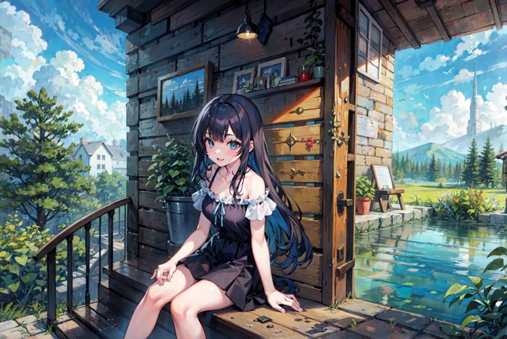 masterpiece, best quality, grainy, extremely detailed,
BREAK girl smiling, sitting on backyard,
BREAK house
BREAK wall
BREAK pond