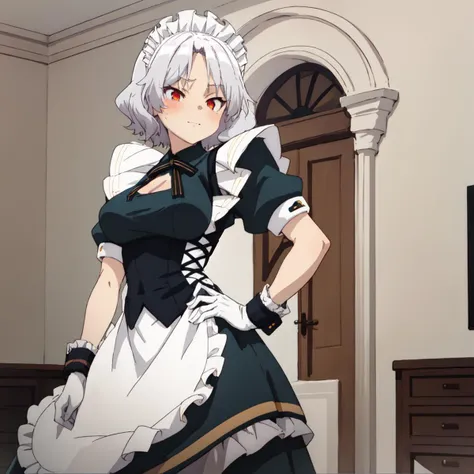 <lora:BTTina2D:1> bttina, tina holly, maid outfit, best quality, masterpiece, anime living room, 1girl, solo, standing, arched back, one hand on hip, flirtatious