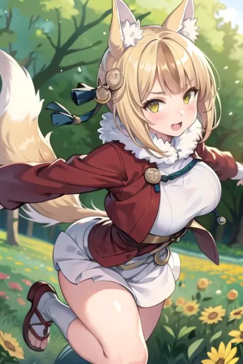 selkie fe, 1girl, solo, (knee kick), ( dynamic angle:1.1), Offensive expression , looking at viewer, blush, open mouth,  facing viewer,  brown hair, large breasts,  field background, <lora:selkie-fef:0.8>