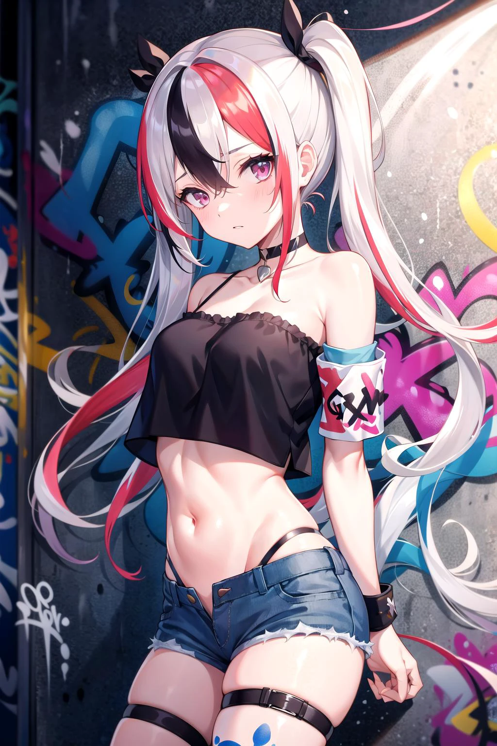absurdres, best quality,1girl, solo, streaked hair, crop top, denim shorts, choker, (graffiti:1.4), <lyco:GoodHands-beta2:1.0>, paint splatter, arms behind back, (slouching), (leaning back:0.5), against wall, (leaning to the side:0.5), looking at viewer, armband, thigh strap, streaked hair, paint on body, upturned eyes, head down, head tilt, (from side:1), bored