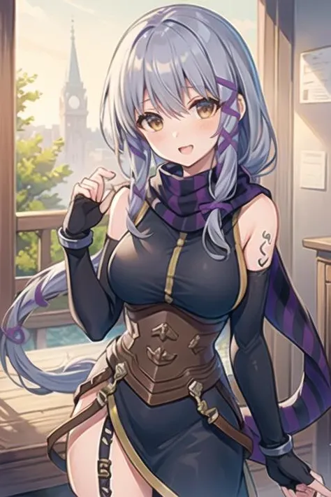 masterpiece, best quality, clair lasbard, long ponytail, hair ribbon, striped scarf, black dress, corset, belt, fingerless gloves, looking at viewer, large breasts, (little mouth:0.8), open mouth, blush, kind smile, standing, <lora:clairlasbard-nvwls-v2:0.9>