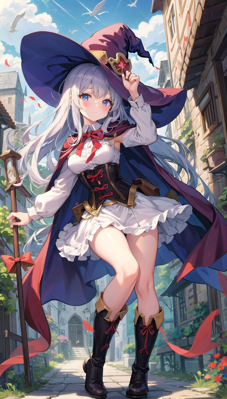 beautiful illustration, best quality, cute girl, witch, cape, medieval town, nature, skirt, boots, ribbon, corset, dynamic angle,